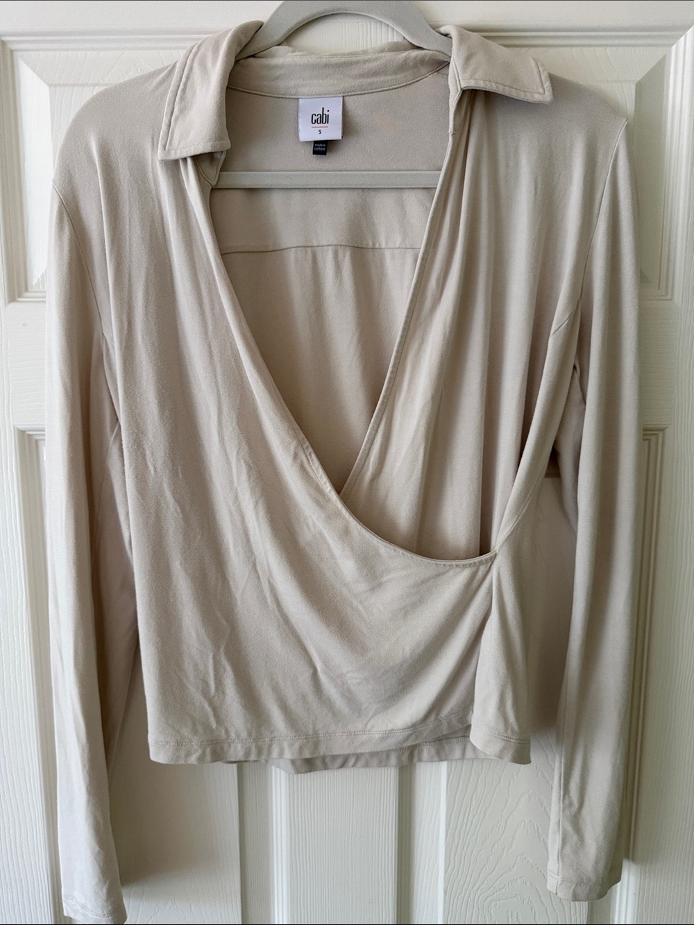 CAbi Beige Draped Wrap-Front Long Sleeve Top